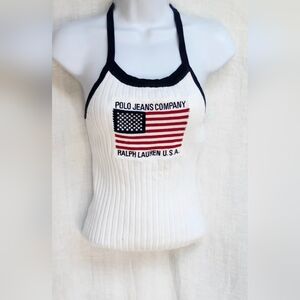 Vintage Y2K Polo Sz Small Ribbed Knit Halter Red White Blue American Flag Detail